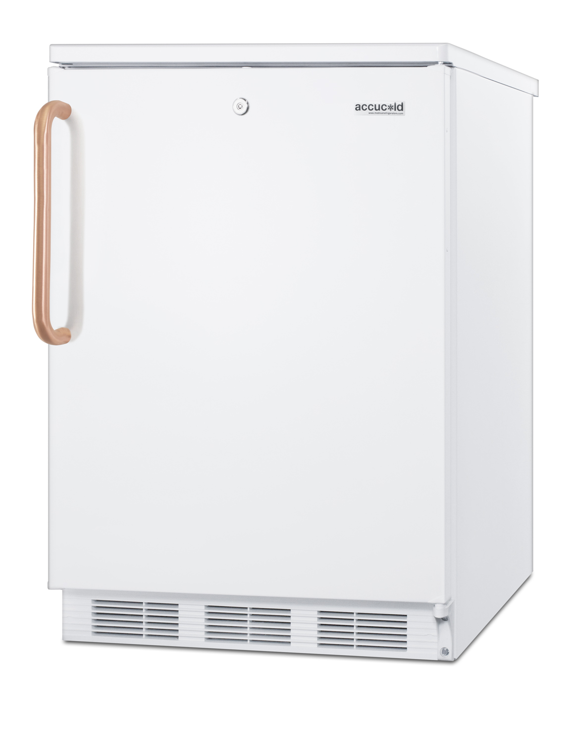 Commercially listed freestanding all-refrigerator for general purpose use, with pure copper handle, front lock, automatic defrost operation, and white exterior